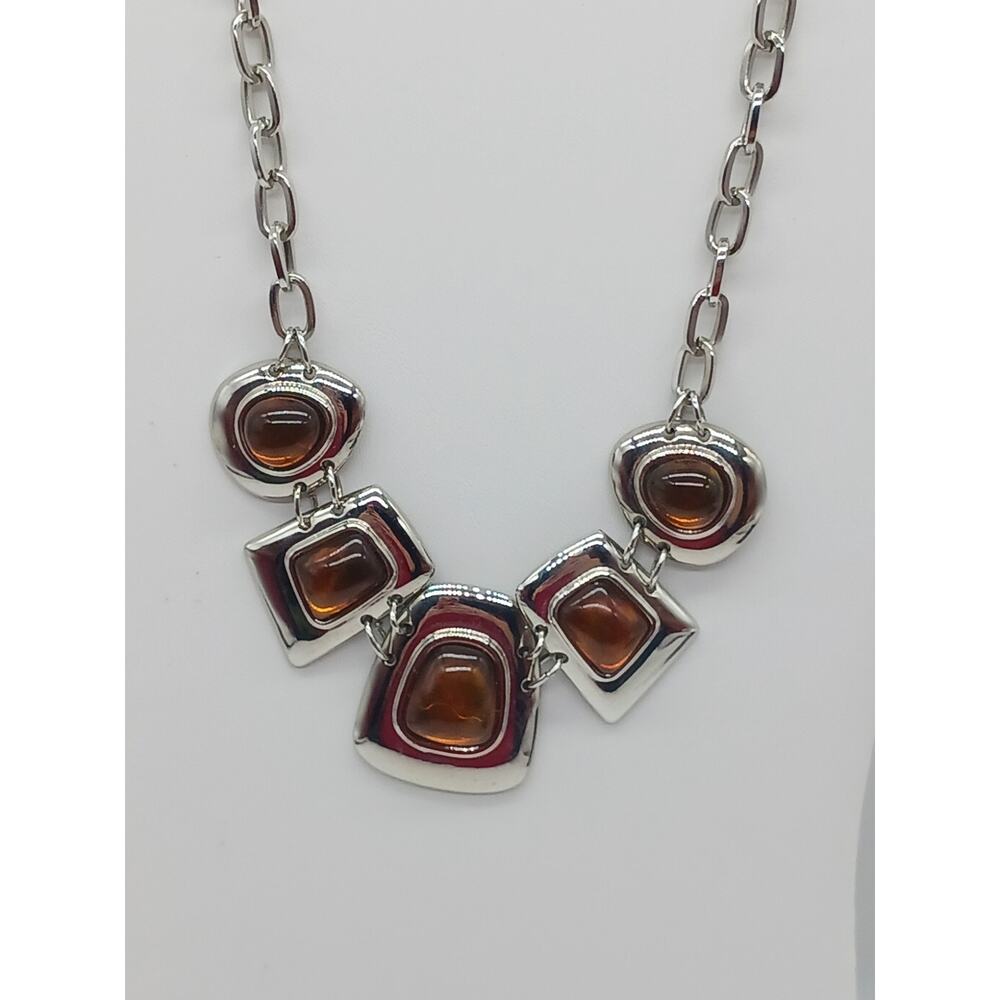 Signed Kiam Family Faux Amber Cabochon Statement Necklace Silver Tone Geometric